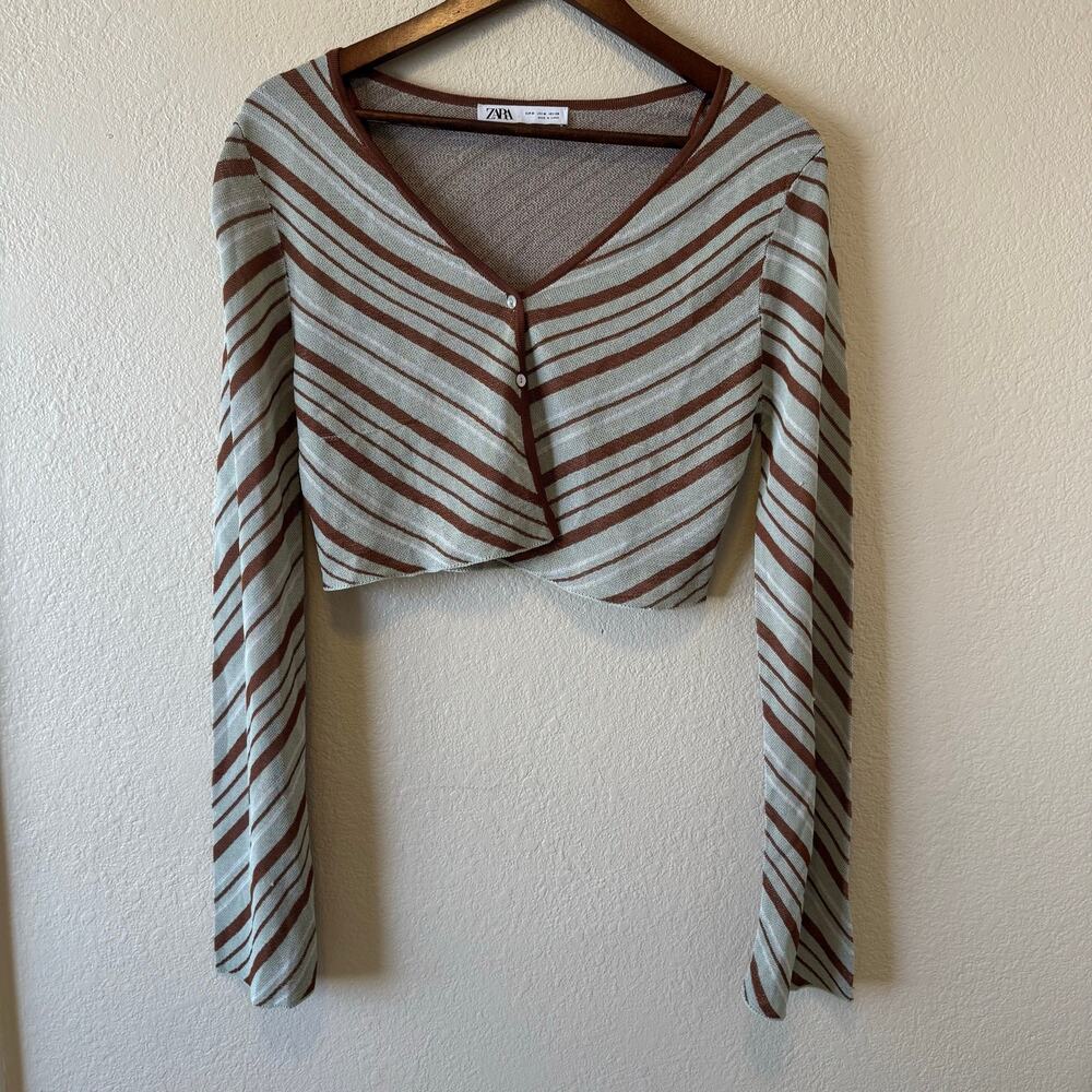 Zara Brown Cream Striped Cropped Long Sleeve Knit Top Size M
